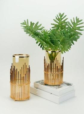 轻奢金属线条玻璃花瓶现代简约家居饰品欧式客厅书房仿真花花瓶