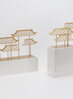现代简约新中式大理石铁艺屋檐摆件样板房间客厅书房电视柜装饰品