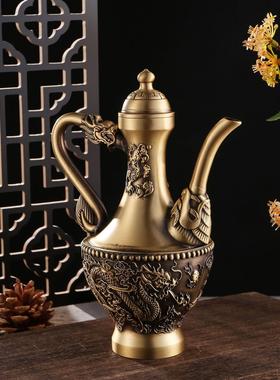 纯黄铜龙凤呈祥酒壶铜摆件茶杯茶具套装家用客厅办公室桌面装饰品