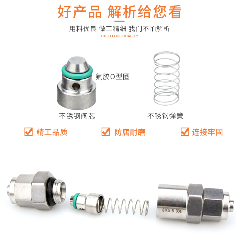 304不锈钢快拧单向阀 锁母快插止回阀 插软管逆止阀 6 8 10 12mm - 图2