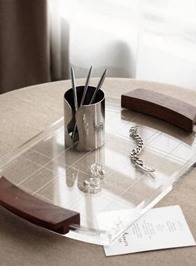 奢代简约胡桃木手透明亚克力托盘高档客厅轻现收纳盘饰品摆MOR把