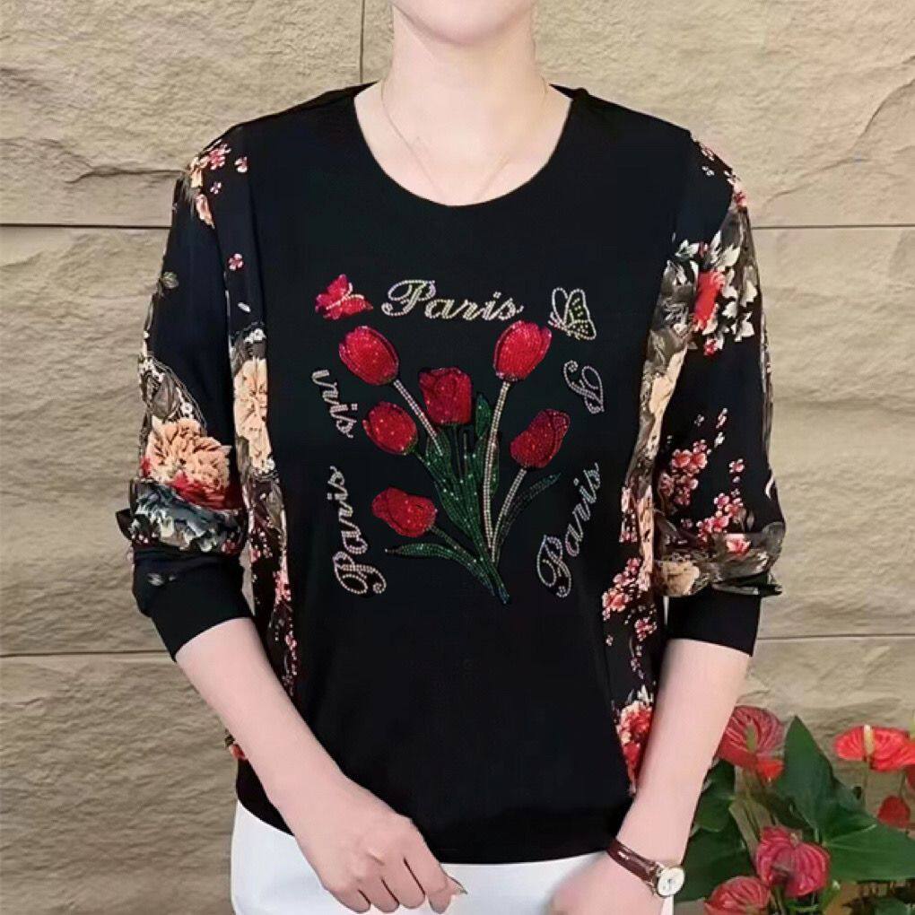 秋冬新款圆领烫钻中老年妈妈洋气大码宽松显瘦遮肉百搭长袖上衣女,淘宝优惠券,粉丝福利购,淘宝优惠卷