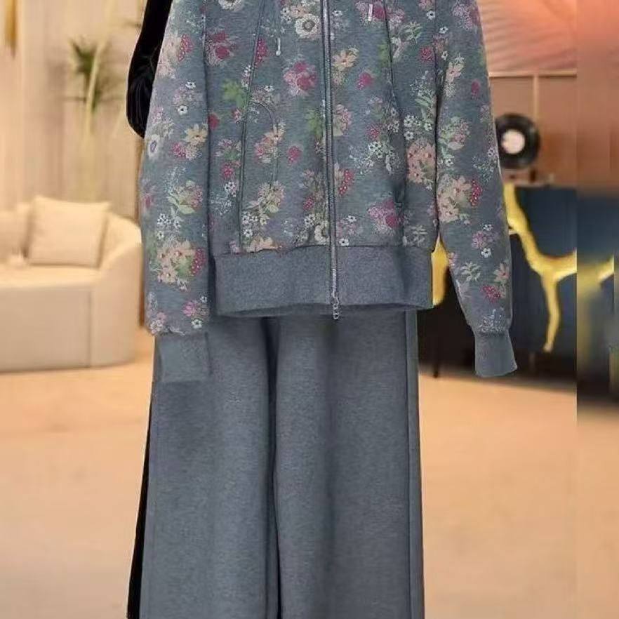 秋冬加绒加厚中年妈妈洋气遮肚阔腿裤套装女士拉链开衫连帽两件套,淘宝优惠券,粉丝福利购,淘宝优惠卷