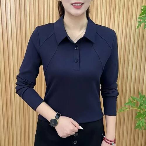 2025新款中老年妈妈宽松显瘦大码长袖t恤秋冬翻领POLO时尚上衣女 - 图2