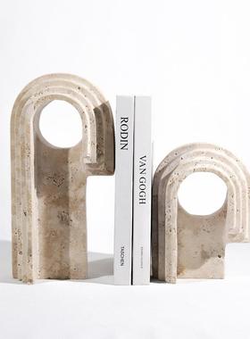 欧式极简黄洞石几何书档摆件样板房家居客厅书房书柜桌面摆台装饰