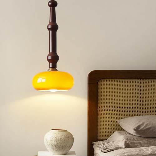 中古风卧室床头吊灯复古创意简约餐厅灯胡桃木色大厅吧台餐桌灯具 - 图3