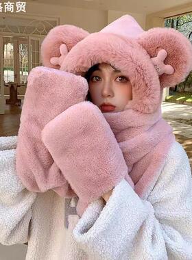 Hat and scarf integrated with velvet防风护耳帽子三件套