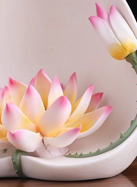 速发陶瓷莲花摆件一连路升工式客厅室内玄关佛前装饰中艺品博古架
