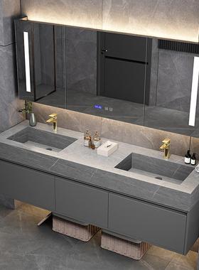 轻奢岩板无缝陶瓷一体双盆浴室柜组合简约现代卫生间洗手脸池漱台