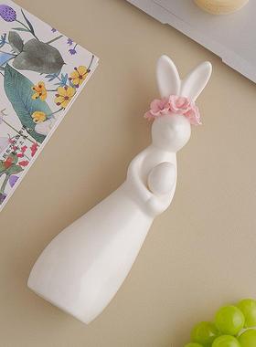 陶瓷手捏花可爱小兔子精致生肖装饰家居卧室玄关创意动物陶瓷摆件