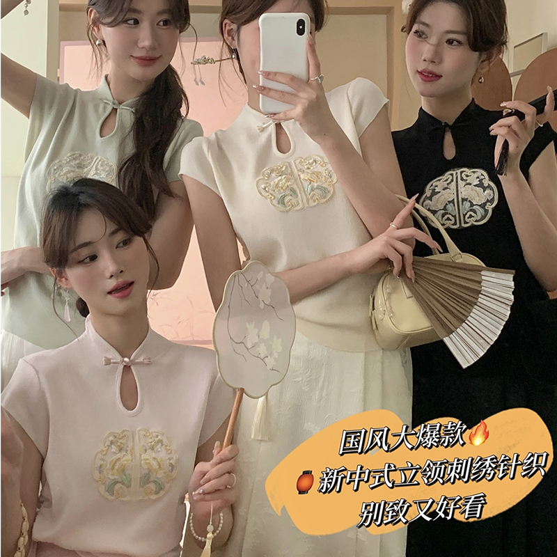 DW新-国风短袖t恤女2024新款夏季新中式立领体恤修身时尚盘扣刺绣_tbtbDXsxjwe的小店_女装/女士精品-第5张图片-提都小院