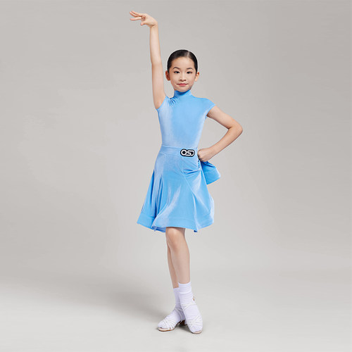 OSD拉丁舞服女童标准规定专业比赛服高领包肩短袖丝绒儿童舞蹈服 - 图1