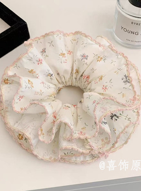 早春白色碎花四层大肠发圈女慵懒风丸子头扎头发超大韩系发饰头绳