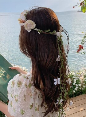 春日花环超仙白色花环头饰森系少女成人仿真花朵藤条编发发箍装饰