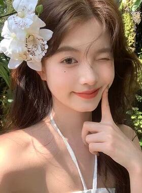 白色氛围仿真头饰百合甜美少女刘海拍照侧边花朵发夹前额超仙发饰