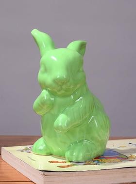 绿色兔子小摆件陶瓷风水办公家居摆设品小创意客厅书架招财装饰品