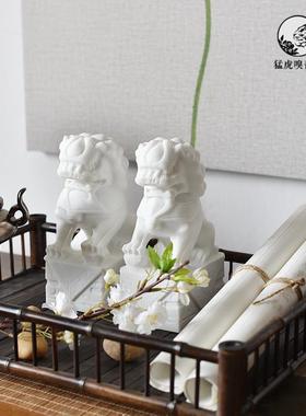 新中式白色小狮子花艺托盘组合摆件样板间茶几家居艺术软装饰品