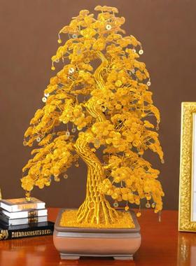 纯手工编织铝丝发财树新中式客厅摆件新居乔迁礼物开 业招财摇钱