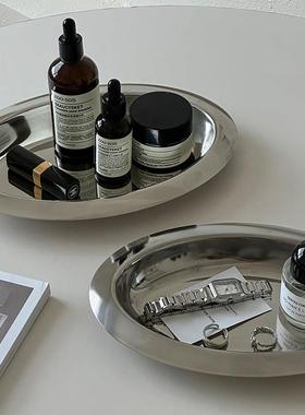 中古不锈钢椭圆托盘装饰摆件桌面收纳盒香薰托盘玄关杂物收纳道具