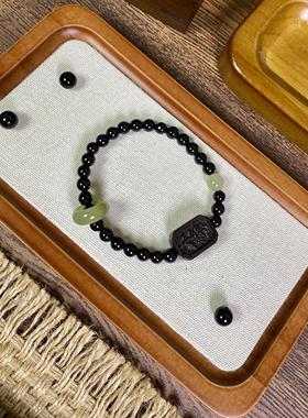 天然黑玛瑙手链女和田玉跑环花牌