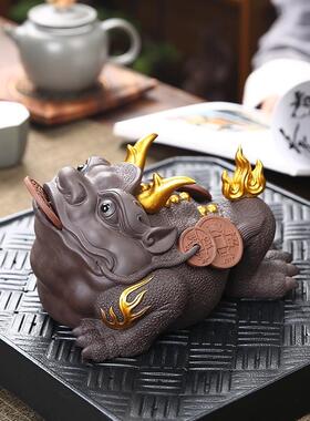 大号招财金蟾客厅办公室玄关酒柜家居装饰摆件茶桌面紫砂茶宠可养