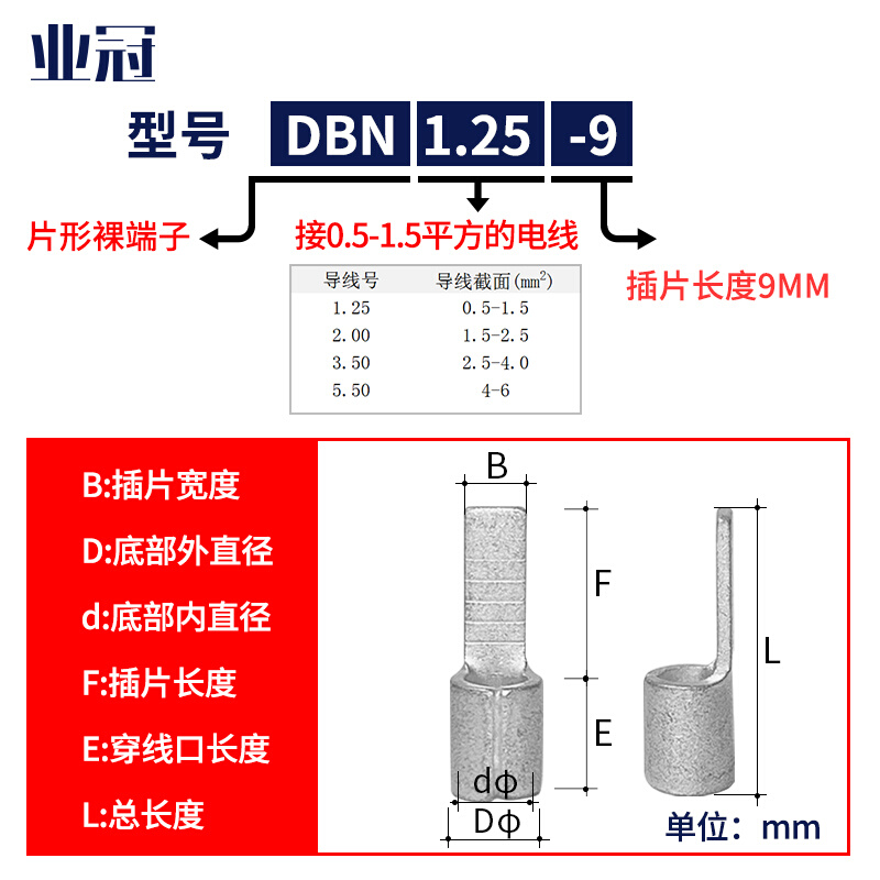 DBN1.25/2/5.5/8/14平方片形裸端头紫铜鸭舌冷压接头铜插针线鼻子-图0