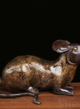 大号纯黄铜老鼠生肖金钱鼠五鼠运财母子鼠钱袋光面鼠家用财位摆件