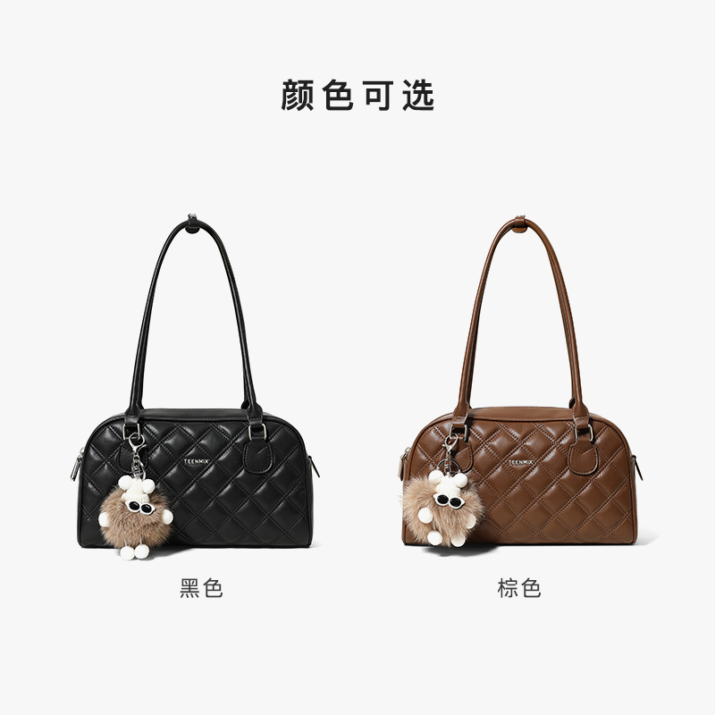 天美意菱格腋下包女2025新款牛皮大容量保龄球包托特包 - 图2