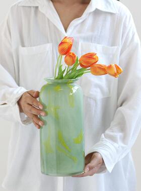 新中式小口直筒渐变中古磁绿花级感鲜花百合桌面电视柜装饰品