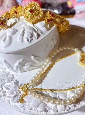 古法宫廷风花丝如意红宝石仿珍珠女戒指镀18k金轻奢高级感戒指