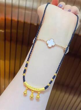 新款弯管铃铛吊坠项链女流苏幸运珠黄金色挂坠高级感十足颈链饰品