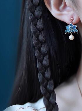 复古采莲曲仿点翠耳钉烧蓝珐琅轻奢汉服中国风耳环大明时尚贵妇