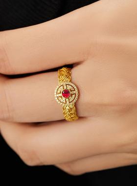 镀18k金戒指女红宝石锆石花丝编织寿纹圆纹燕京八绝复古宫廷古法