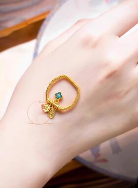 古法烧蓝古风四叶草流苏戒指小甩戒黄金色财运寓意珐琅戒指