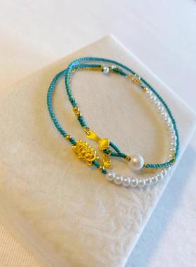 莲花蓝色编织手链半链半绳多巴胺串珠手绳女气质显白时尚高级女款