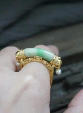 复古清代钰石弯条凤首卷草珍珠方圆镀金戒独特指轻奢高级感食指戒