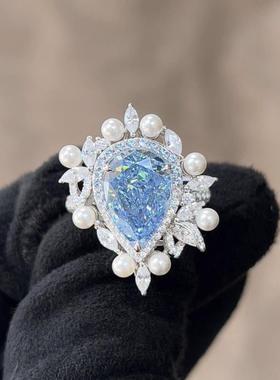 新款超奢华感十足人造海蓝水蓝色人工石水滴鸽子蛋气质百搭戒指