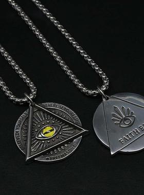 全视之眼复古潮男双面吊坠个性嘻哈钛钢潮牌项链上帝之眼圆牌挂坠