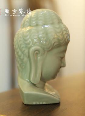 共和官窑老汝瓷煤烧青色佛头收藏品工艺品摆件手工制作商务礼品