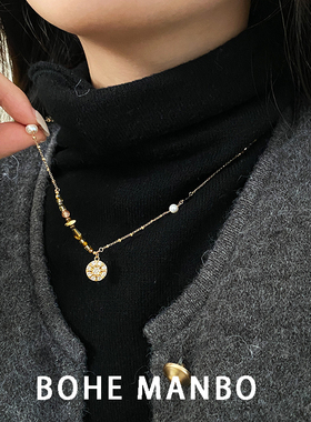 秋冬美拉德星星圆盘珍珠项链复古
