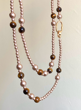 天然虎眼石香槟金施家珍珠项链女