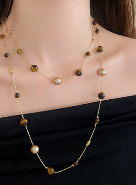 天然虎眼石双层叠戴长款毛衣链女