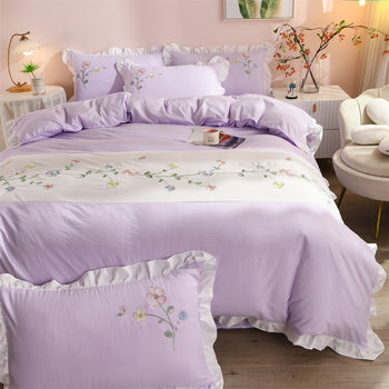 Princess style pure cotton four-piece embroidery simple Korean girly heart lace washed cotton quilt cover sheet