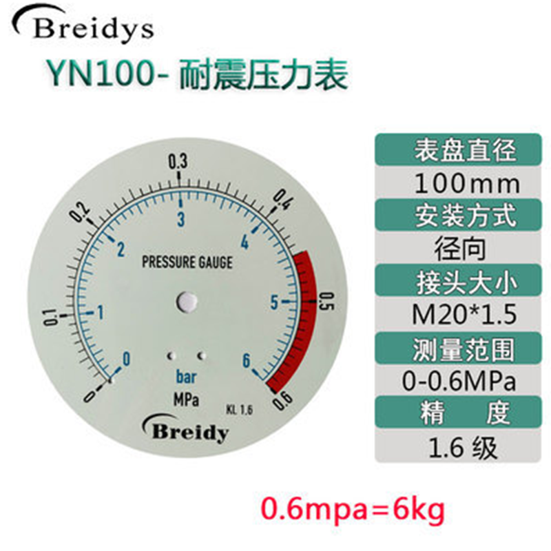 Breidys压力表YN100不锈钢耐震压力表测水压气压通用0-1.6/100Mpa - 图0