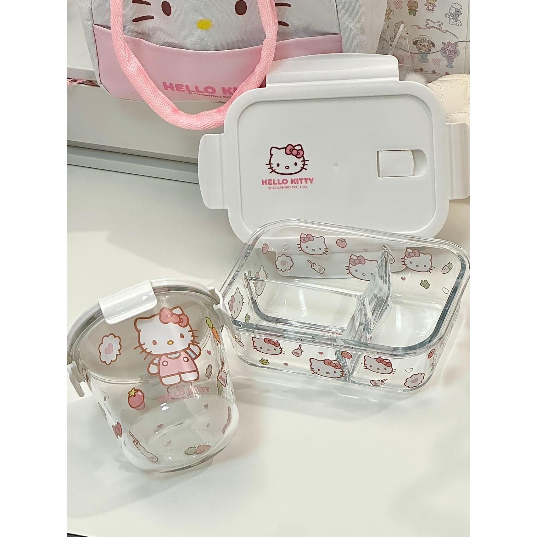 marsica凯蒂猫保鲜碗三丽鸥hello kitty饭盒玻璃圆汤碗带盖餐具