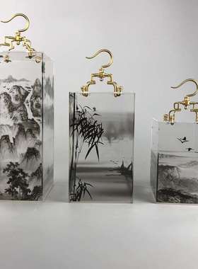 树脂亚克力内埋山水画工艺品 透明水晶胶内嵌竹子精美展示礼品