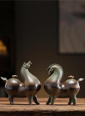 创意陶瓷马摆件马上有钱中式客厅办公室桌面装饰红色小唐马工艺礼