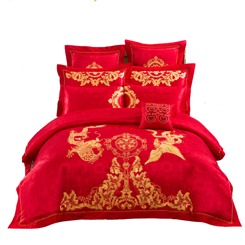 网红新款绣花婚庆四件套大红结婚床上用品六件套婚床套件刺绣被套