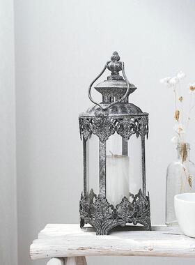 润家家居迷你瓦灰手提风灯摆件仿古装饰灯笼小桌面拍照烛台道具