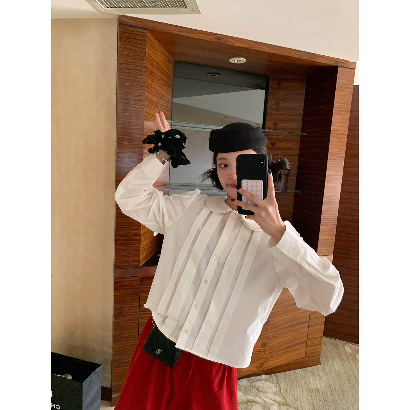 牙套大汪【双轨女孩】宽门襟压褶娃娃领白色学院风棉衬衫,淘宝优惠券,粉丝福利购,淘宝优惠卷